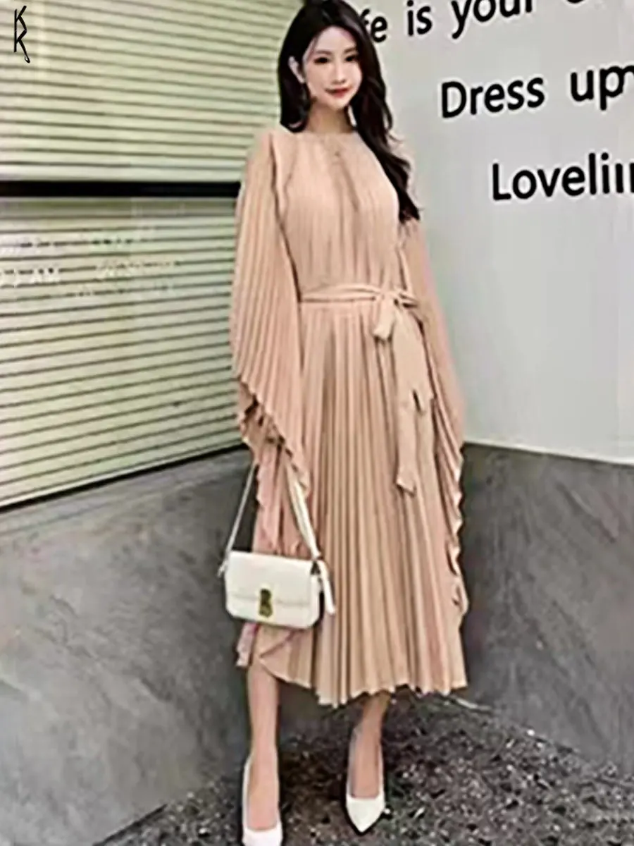 

Miyake Pleated Solid Color Dress Fashion Flying Sleeve Lace Evening Party Dresses for Women 2024 Summer New Temperament Luxury