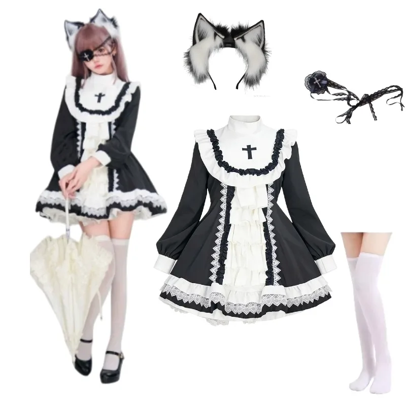 

Japanese Gothic Elegant Dress Nun Cosplay Costume Vintage Long Sleeve Sweet Lolita for Women Evening Party Halloween Outfits