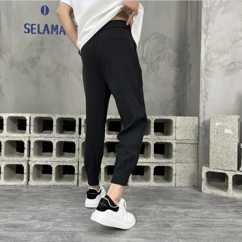 2023 Spring and Summer High-End Draping Trend Ice Silk Small Suit Pants for Men Loose Solid Color Casual Trousers White Black