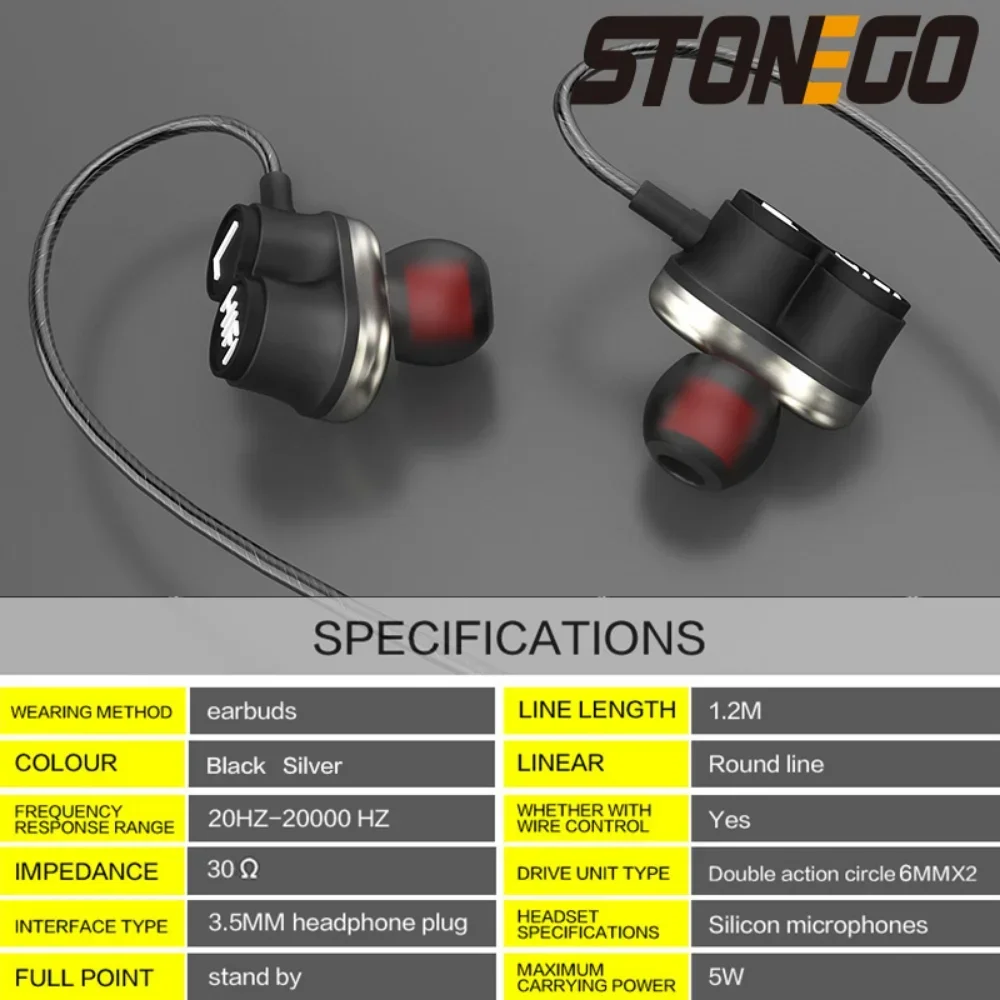 STONEGO  3.5mm Jack Dual Driver In-Ear Earbuds Earphones Sports Dynamic Headphones Hands-Free Microphone Extra Stereo Bass