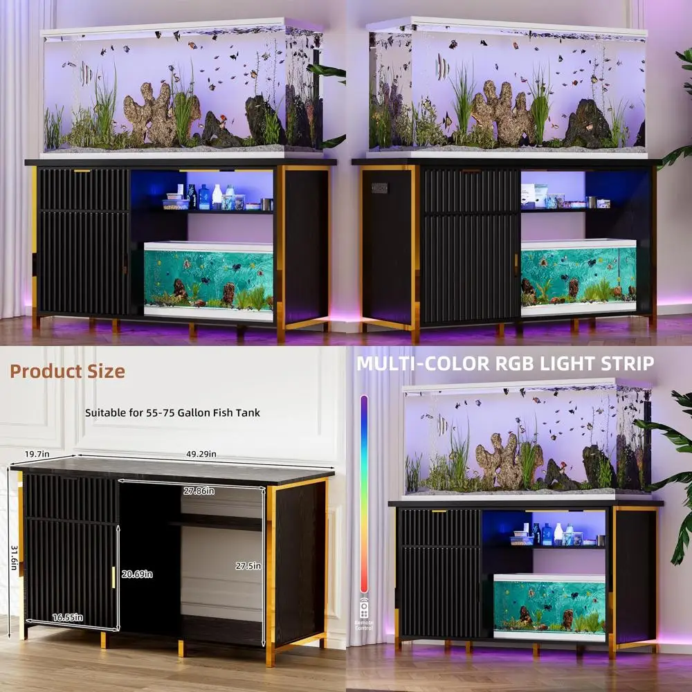 

Прочная подставка для аквариума на 55-75 галлонов с розетками, светодиодной подсветкой и шкафом для хранения для черепах и рептилий, черная