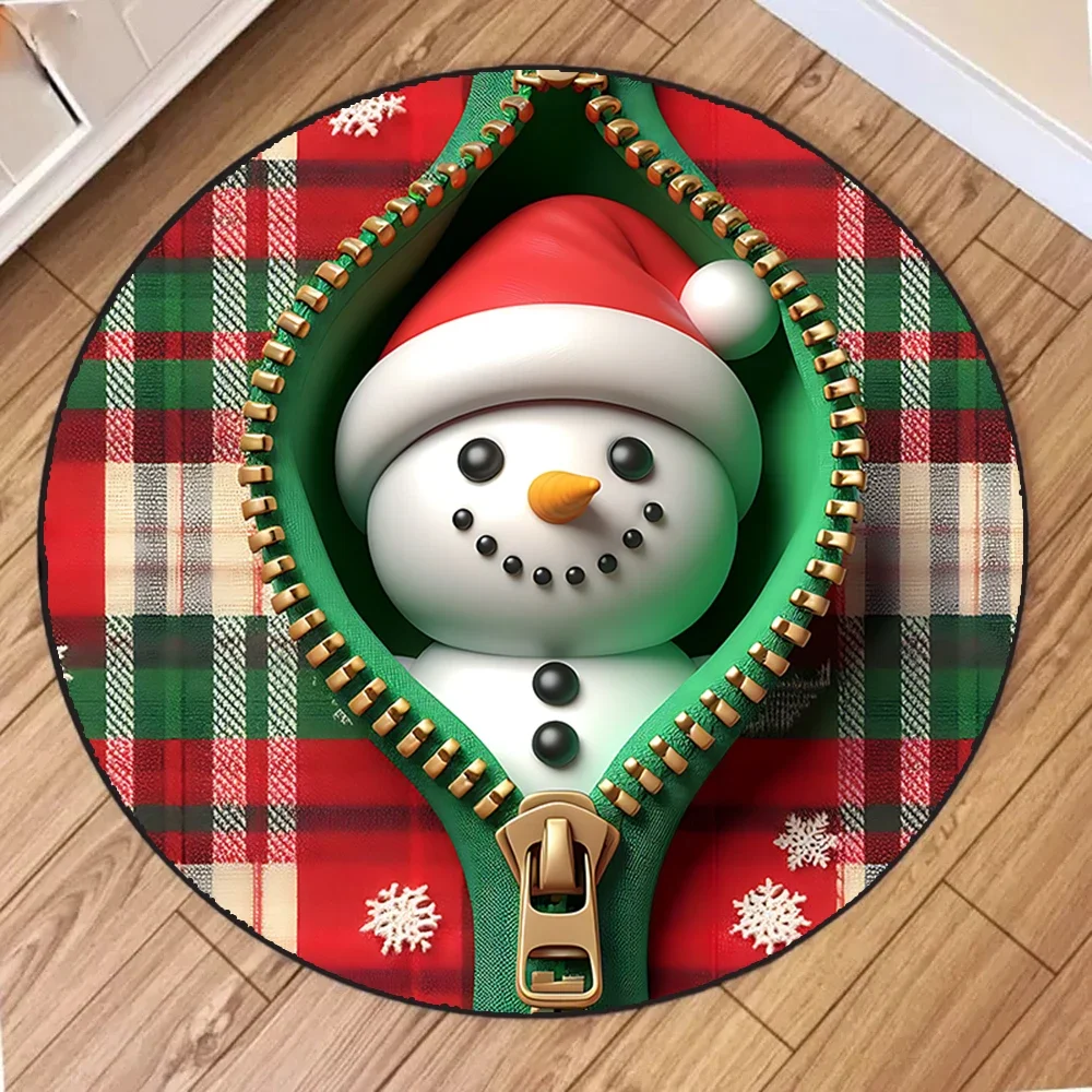 Christmas Zipper Round Rug Festive Cartoon Character Mat 3D Santa Snowman Gingerbread Man Giraffe Carpet Home Decor Floor Cover