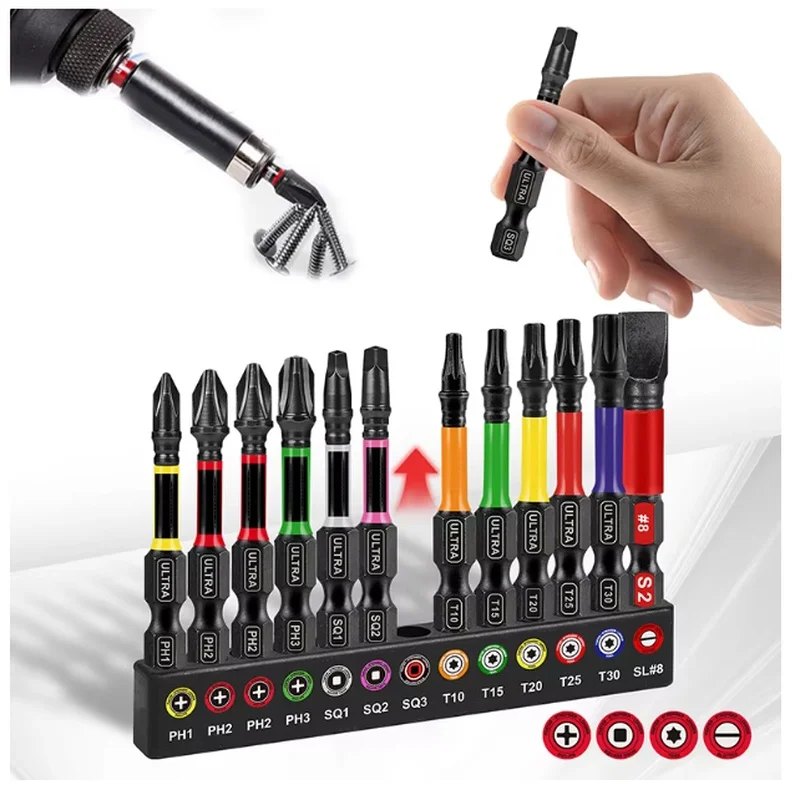 13PCS Impact Phillipes/Square/PZ/Slotted Screwdriver Bits Set, 2'' Magnetic S2 Steel Bits Set with Color Coded Base