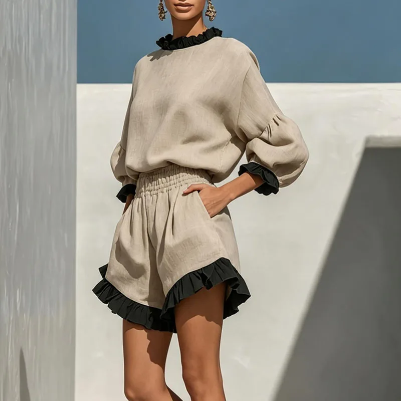 Boho Contrast Ruffle 2 Piece Sets Ladies Lantern Sleeve Blouse & High Waist Shorts Outfits Loose Vacation Daily Casual Tracksuit view 4