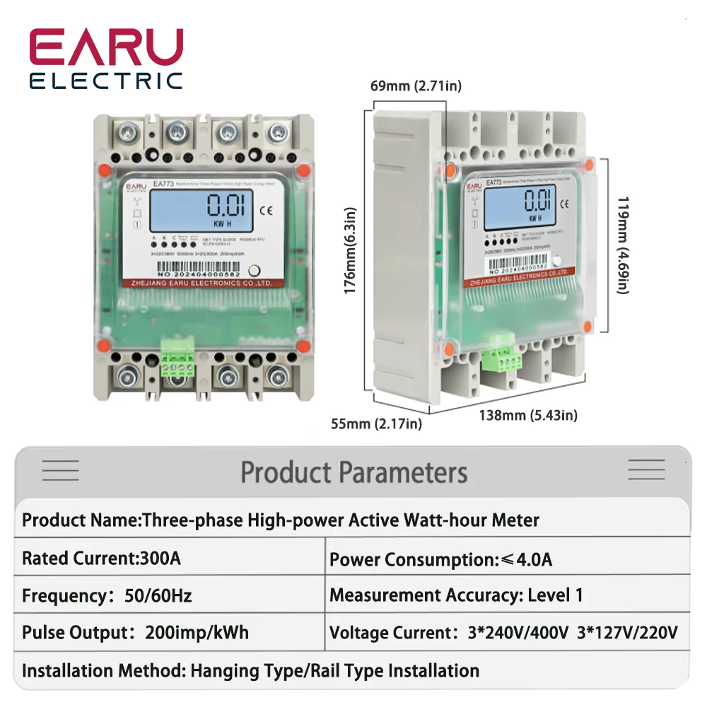 High-Power Three-Phase Four-Wire 300A Electrical Energy Meter 220V 380V Bidirectional Measurement RS485 Communication Interface