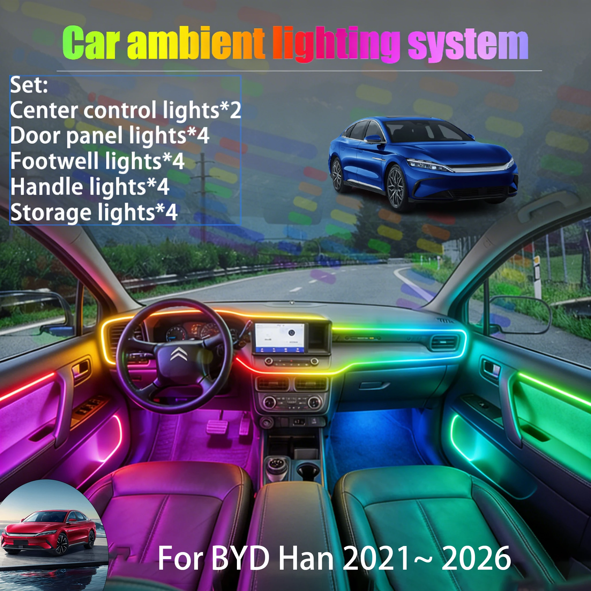 

Для BYD Han 2021~2026: Комплект светодиодной подсветки салона и багажника (2/18 шт.) с USB RGB-подключением, эффект «бегущей строки», автозапчасти