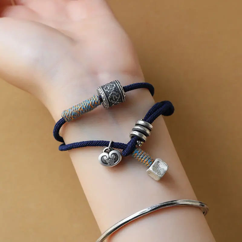 UMQ Silver Six Words Mantra Hand-Woven Blue Carrying Strap Men's and Women's Tibetan Bracelet Peace Jewelry Auspicious Bracelet