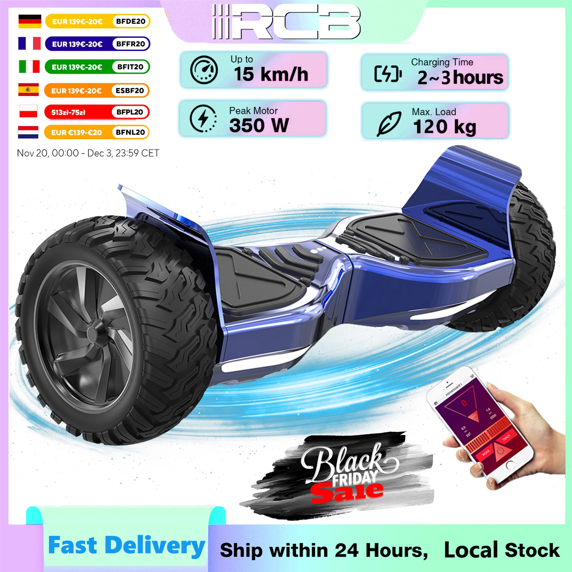 RCB Hoverboard 8,5" hoverboards tout terrain, contrôle APP, LED Bluetooth intégré avec moteur puissant, skateboard électrique