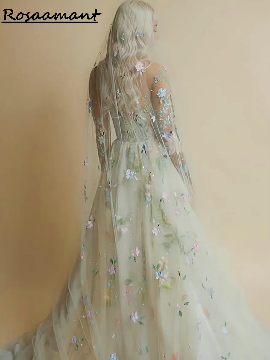 Colorful Floral Appliques Lace A-Line Wedding Dresses Illusion O-Neck Long Sleeve Country Bridal Gowns