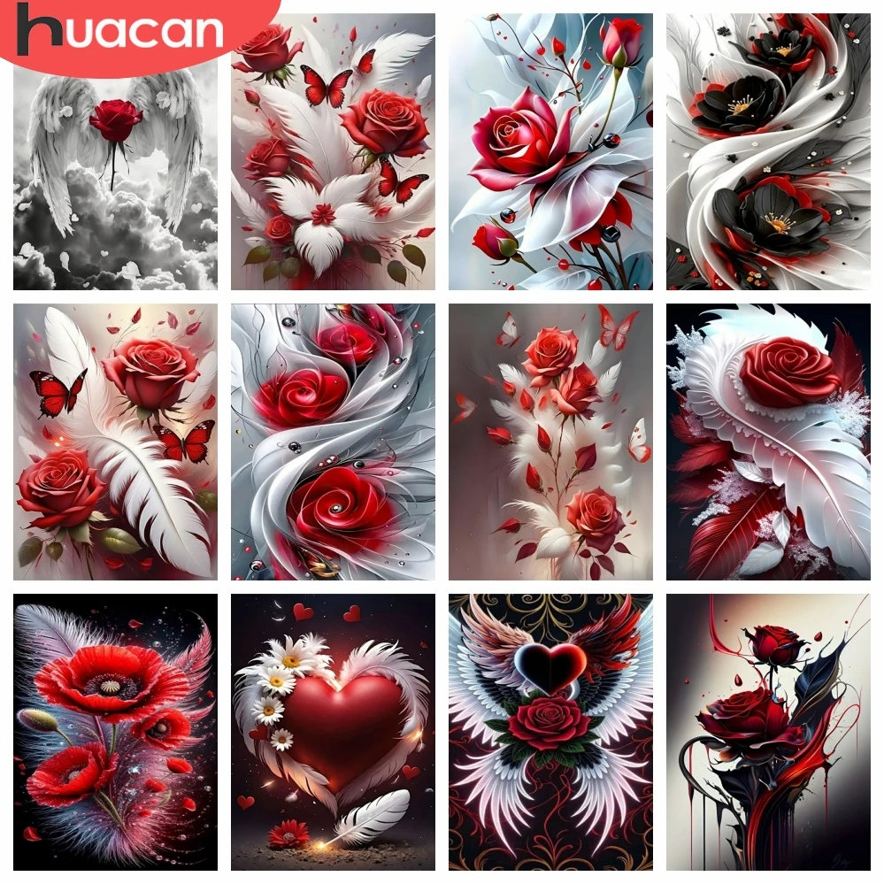 HUACAN Diamond Painting Sets Rosenblüten Federflügel Landschaft Quadratische Runde Diamanten Mosaik Blumen Heimdekoration