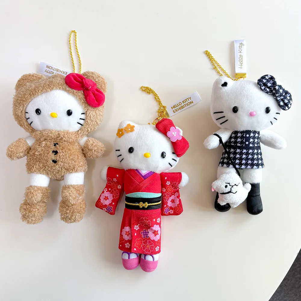 Cute Sanrios Long Legs Hello Kitty Bear Kimono Houndstooth Anime Kawaii Plush Doll Girl Bag Pendant Cartoon Keychain Decoration