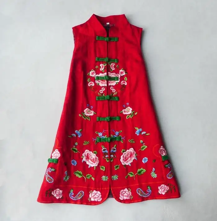 Stand Collar Buckle Embroidery Lining Waistcoat Vest Women's Clothing Chinese Long Thin Loose New Ethnic Style