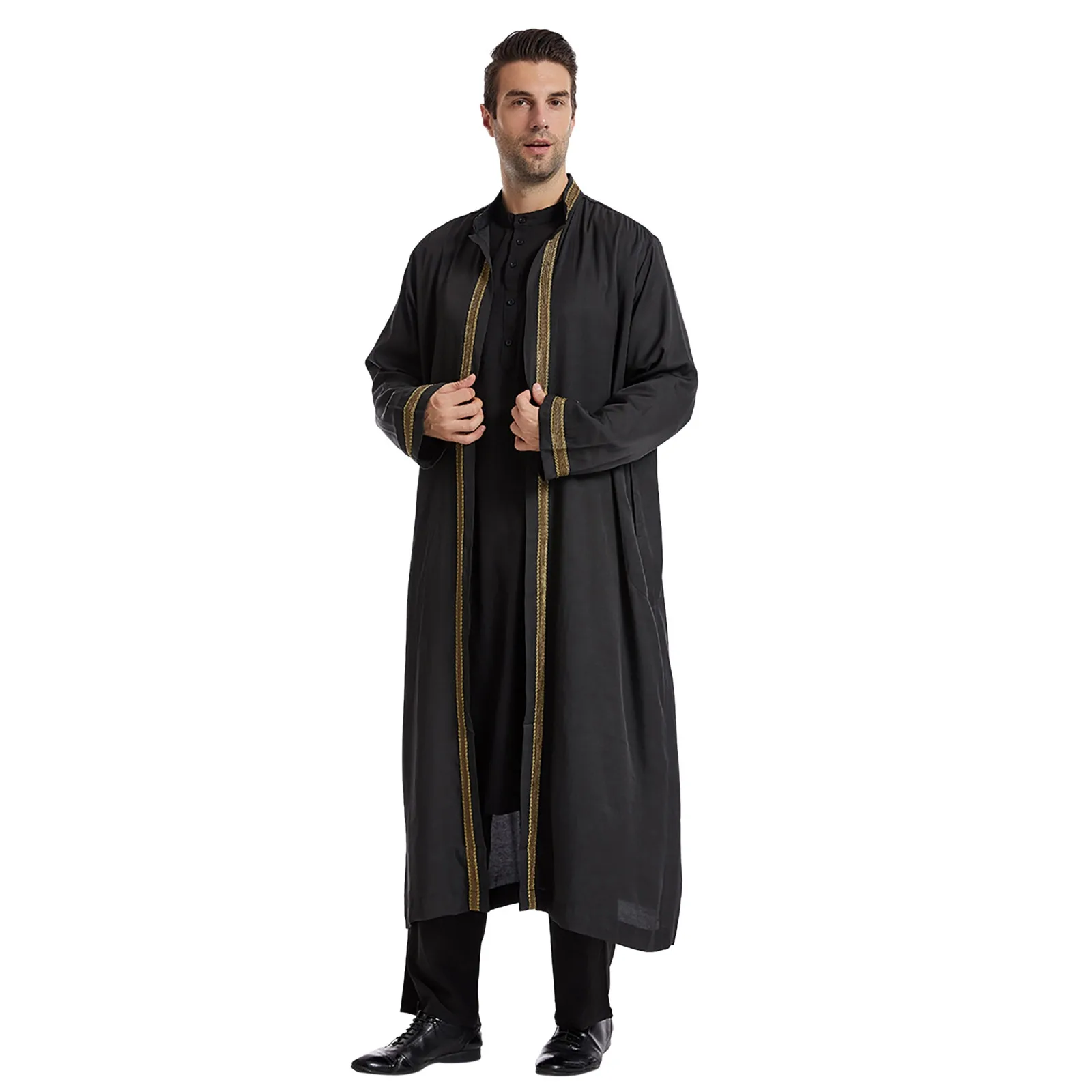 Men Open Abaya Muslim Saudi Jubba Thobe Islamic Clothing Ramadan Kimono Long Sleeve Robe Caftan Dubai Stand Collar Arabic Dress