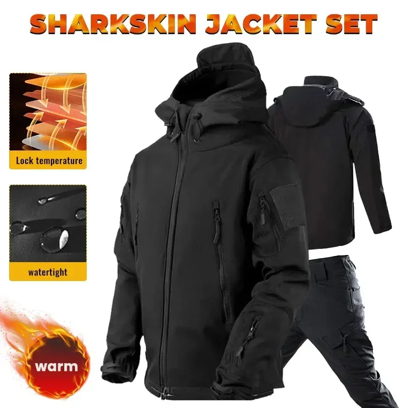 2024 Men Thicken Soft Shell Winter Work Sharkskin Storm Hooded Jacket Velvet Hiking Clothing Fishing Two Piece Set Tracksuit