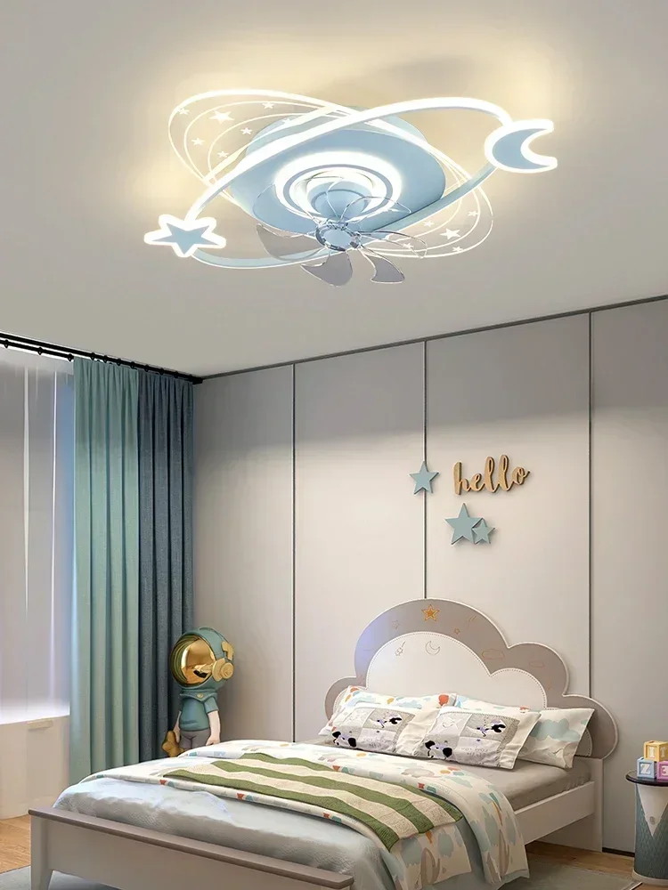 Children's room fan light Nordic cartoon crown princess room ceiling light shaking head silent fan integrated led light 220V