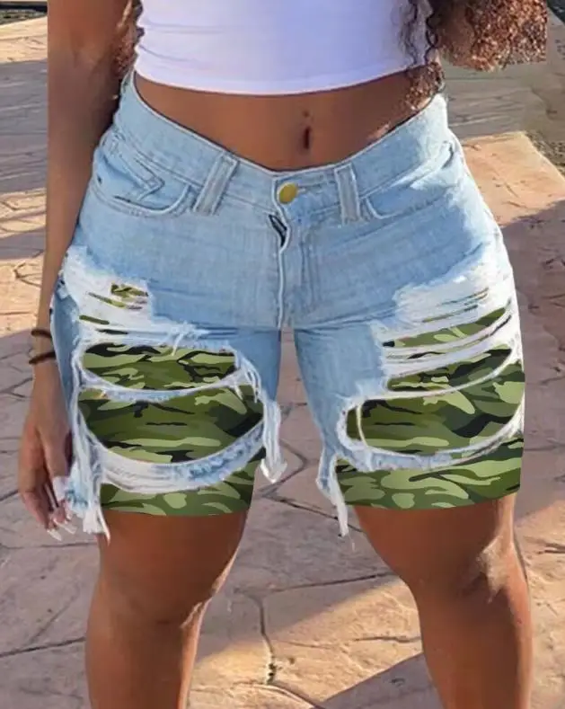 

Women's Summer New Style Camouflage Print Ripped Raw Hem Denim Shorts Personalized Street Ripped Straight Leg Pants