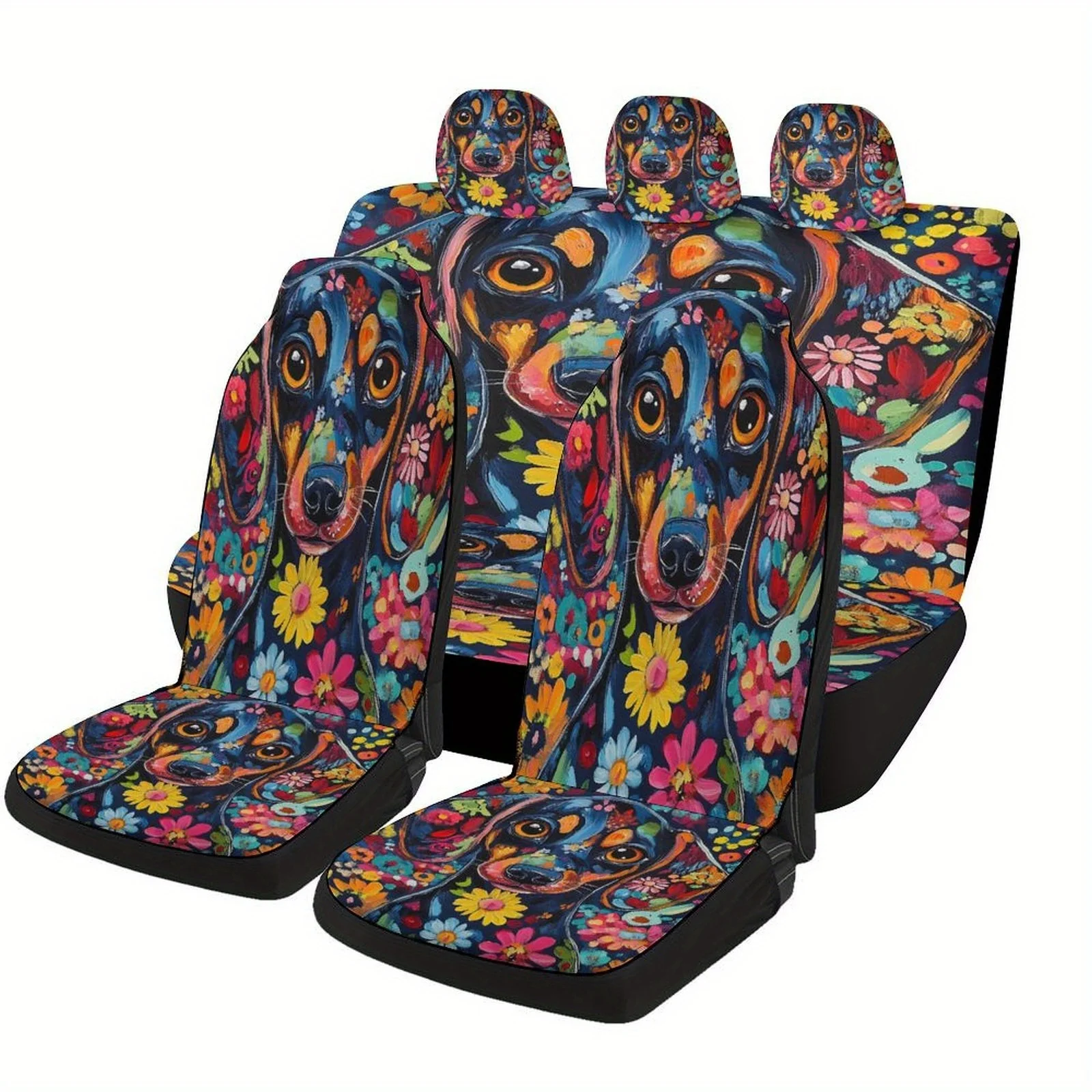 

Vibrant Dachshund & Floral Car Seat Cover Set - Polyester, Machine Washable, Universal Fit For Most Cars, 2 Front & Rear Seat Ba