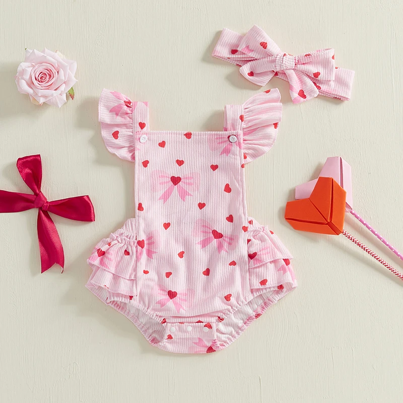 

Cute Valentine s Day Romper with Heart Print Flutter Sleeves Square Neckline and Corduroy Fabric Complete with Matching Bow