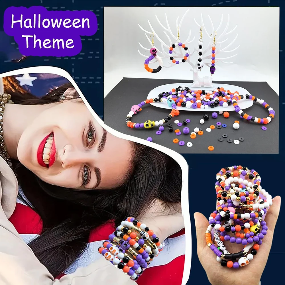 2480Pcs Halloween Beads Set Jewelry Making Bracelet Making Kit Skull Shape Polymer Clay Bead Heishi Bead Round Bead