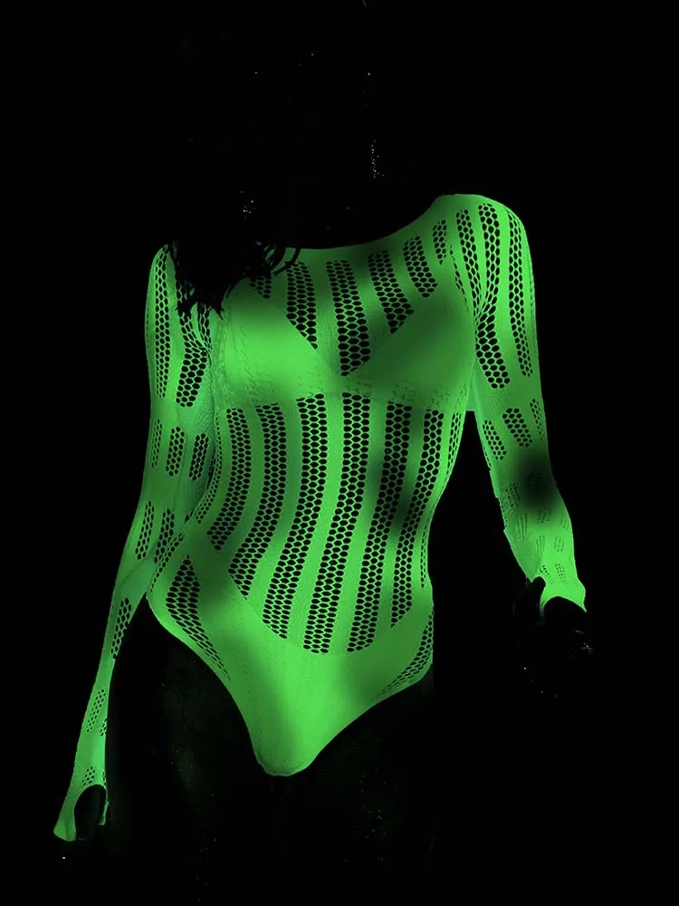 Erotic Luminous Costume Sexy Glow in Dark Lingerie Crotchless Women BodySuits Underwear Babydolls Hip Wrap Bodysuit Fishnet