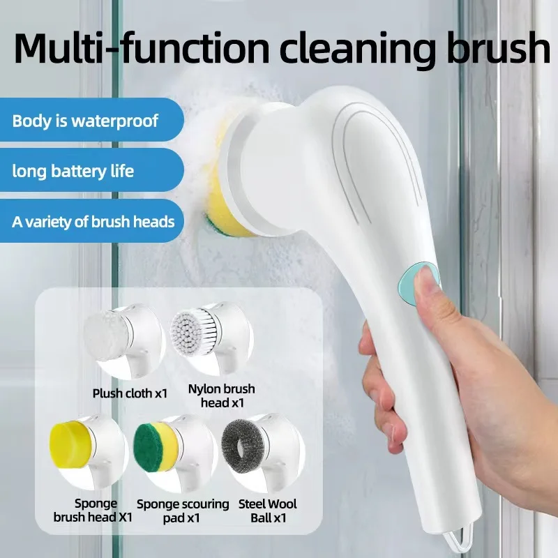 

Electric Spin Scrubber Cordless Power Cleaning Brush with 5 Replaceable Brush Heads Rechargeable Scrubber for Bathroom Kitchen