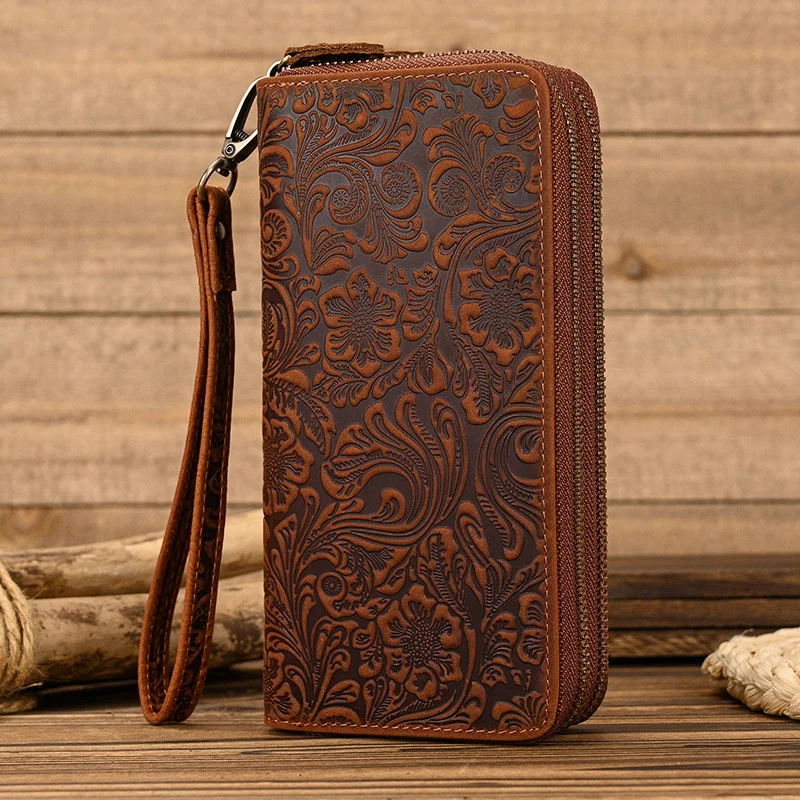 

New Men's Crazy Horse Leather Long Wallet, Genuine Leather Double Zipper Wallet, Multi Card Handbag, Mobile Phone Bag
