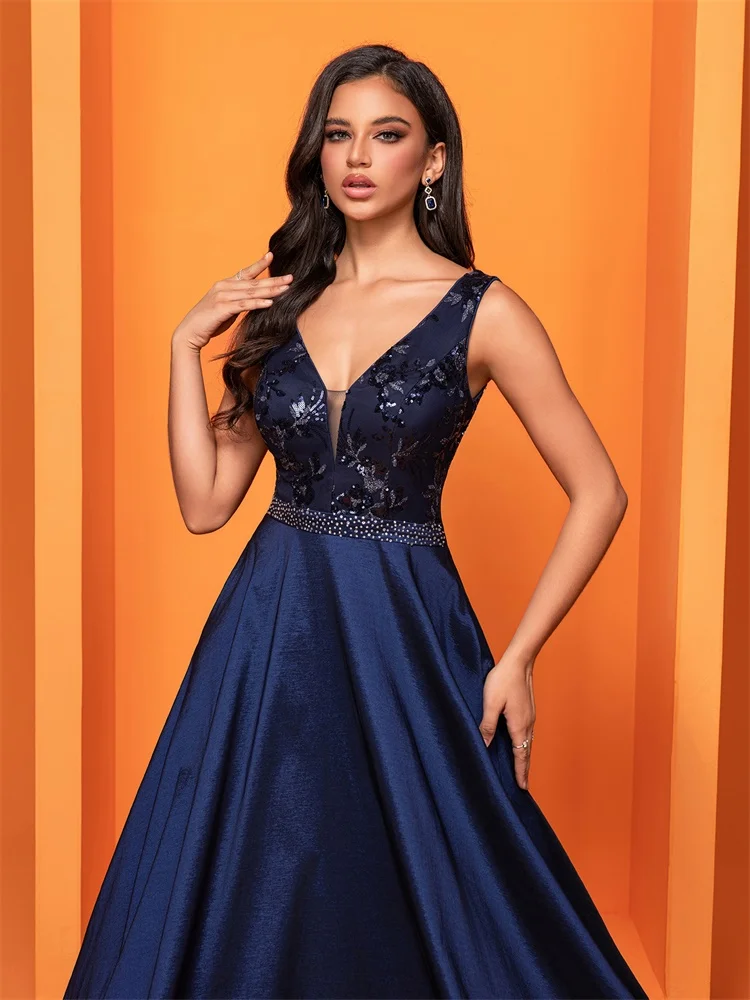 Luxury Sexy Deep V-Neck Sequins Blue Evening Dress Women Elegant V-back Satin Party Long Prom Cocktail Dress