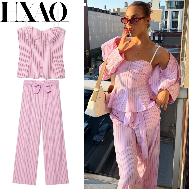 

HXAO Женский комплект из двух предметов в полоску, комплекты брюк без рукавов, топ с бантом, повседневные брюки, комплект из 2 предметов, летний укороченный топ и нижний комплект