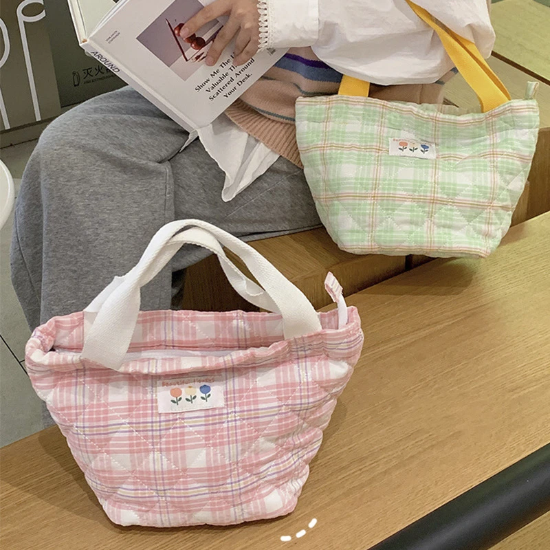 Plaid Lunch Bag Women Thermal Big Capacity Drawstring Lunch Box Tote Food Bags Office Worker Portable Insulated Food Storage Bag