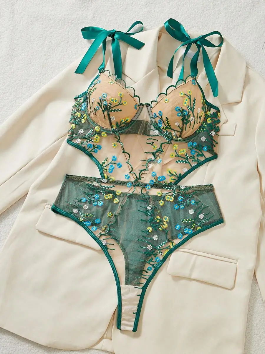 

Women's Floral Embroidered Sheer Mesh Bodysuit with Adjustable Straps
