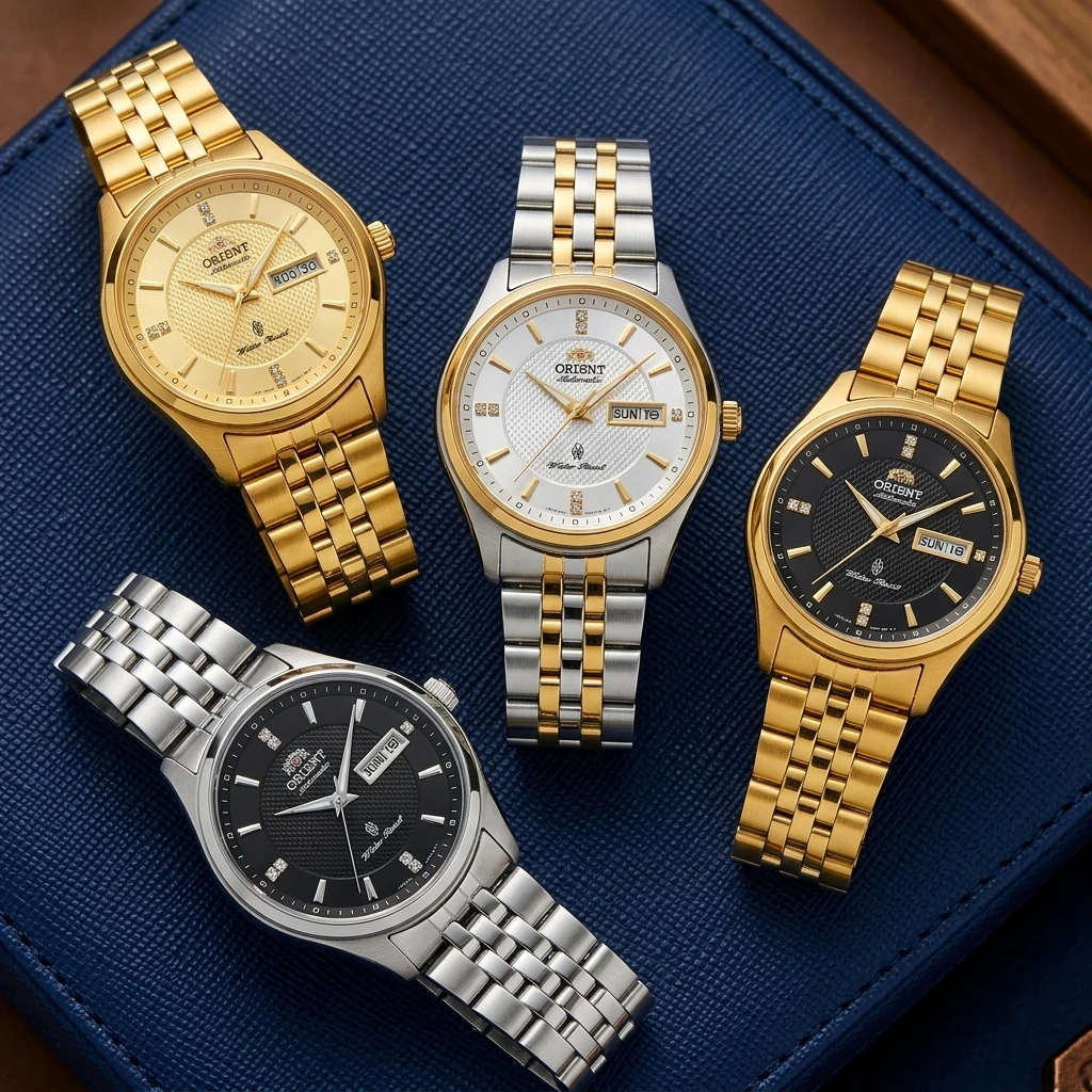 Orient Men Business Automatic Mechanical Watch, Dual Calendar Week Display Crystal Hour Markers Stainless Steel Band Wristwatch view 6