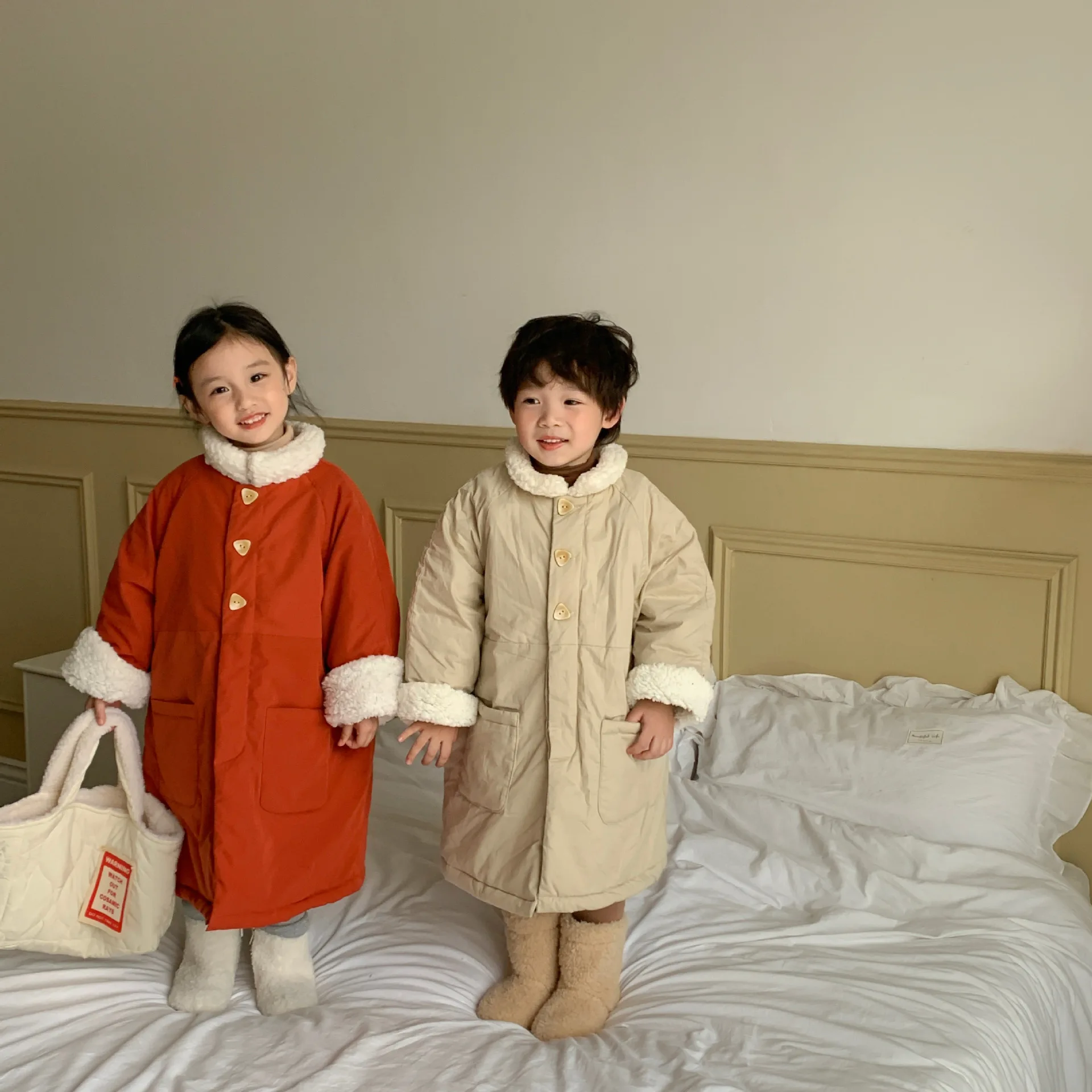 

Children's Cotton Coat Winter Korean Version Boys and Girls' Cotton Coat Children's Long Single Breasted Cotton Coat