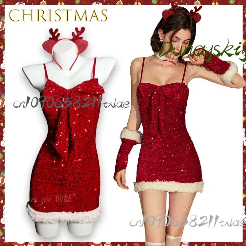 Tienda Arrebol Cos ‌ Vestido de Navidad con lazo de lentejuelas rojas, ceñido al cuerpo, Cosplay, juego de rol, ropa de noche para discoteca, uniforme de sirvienta para fiesta