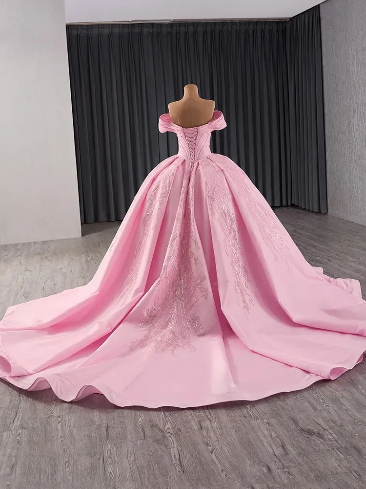 Customized Lovely Blushing Pink Rhinestone Sequins Wedding Dresses 2025 Ball Gown  Short Sleeve Backless Chapel Train Wedding