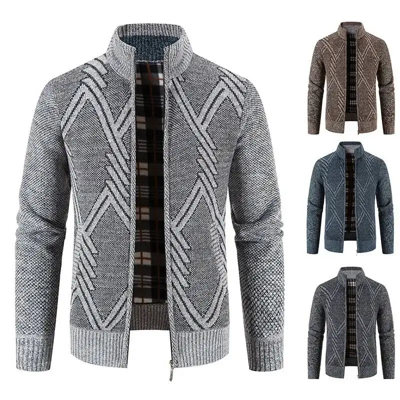 Fleece Lined Knitted Zipper Front Stand Collar Diamond Pattern Open Cardigan Sweater Jacket For Men Autumn Winter Fashion