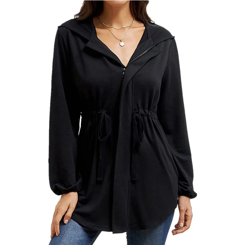 Woman Coat 2022 autumn/winter Leisure Solid Color Zipper Lantern Sleeve Hooded Cardigan Coat woman's Coats Dropshipping YYF21828