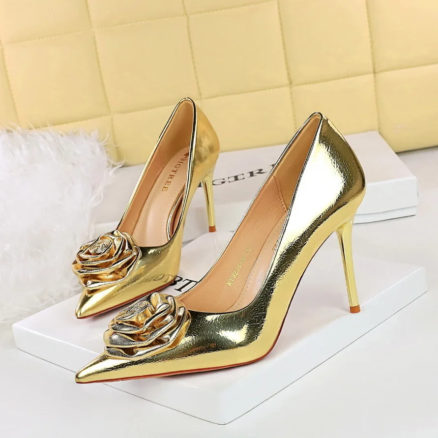 Damen Hohe Schuhe Heels Bankett Damen Dünn Flacher Mund Spitze Metallic Pumps Brautschuhe Unten Mitte Damen Schuhabsatz