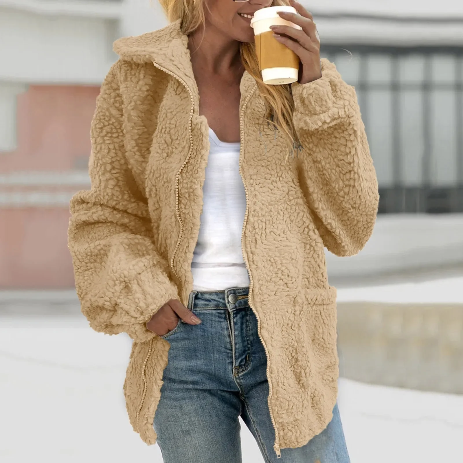 

Fashion 2023 Autumn Women Teddy Bear Fluffy Jacket Stand Collar Loose Plush Jacket Brown Solid Warm Outwear Faux Lamb Coats