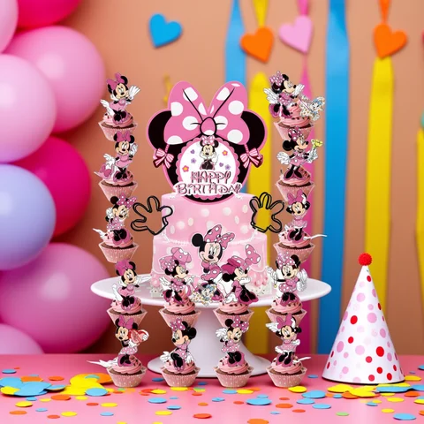 Minnie Cake Topper、Cupcake Toppers ，Minnie Birthday Decorations，Theme Party Supplies, Minnie Birthday Cake Decorations