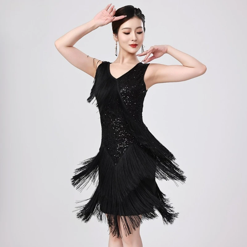 Strój sceniczny z cekinami i frędzlami, sukienka do tańca latynoamerykańskiego, strój na imprezę, konkurs taneczny