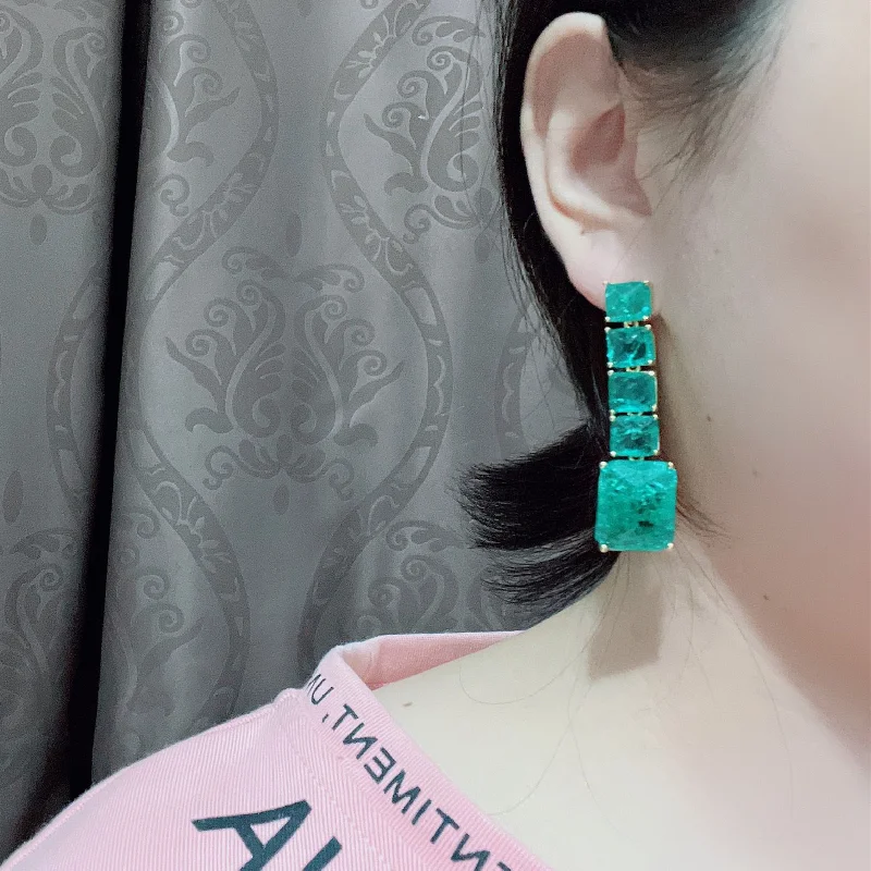 European American New Design Fashion Jewelry Long Square Green Cracked Zircon Earrings Luxury Women\'s Wedding Party Accessories