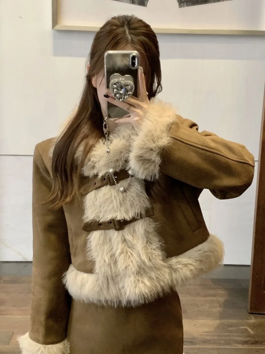 

Осенне-зимний женский комплект из пальто из искусственного меха и ор-юбки, теплый длинный свеч с высокой талией и пуговицами, модный