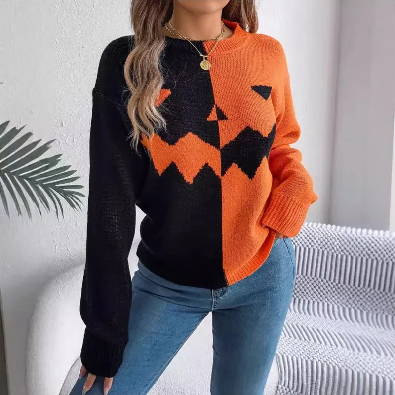 Women's Knitted Sweater Pumpkin Halloween Theme Contrasting Long Sleeved Pullover 2024 Autumn Winter New Sweater Loose Casual