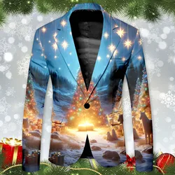 Fashion Long Sleeved Business Suits Lapel Single Button Christmas Print Suit Men Slim Fit Casual Comfortable Suit Jacket