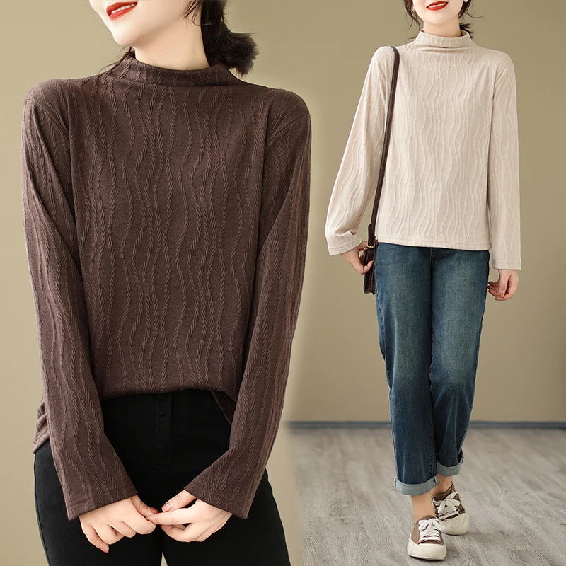 قميص نسائي أنيق بياقة نصف عالية وأكمام طويلة، قميص أساسي للربيع والخريف، تصميم جديد للارتداء الداخلي، قطن 00٪ بقصة فضفاضة #5