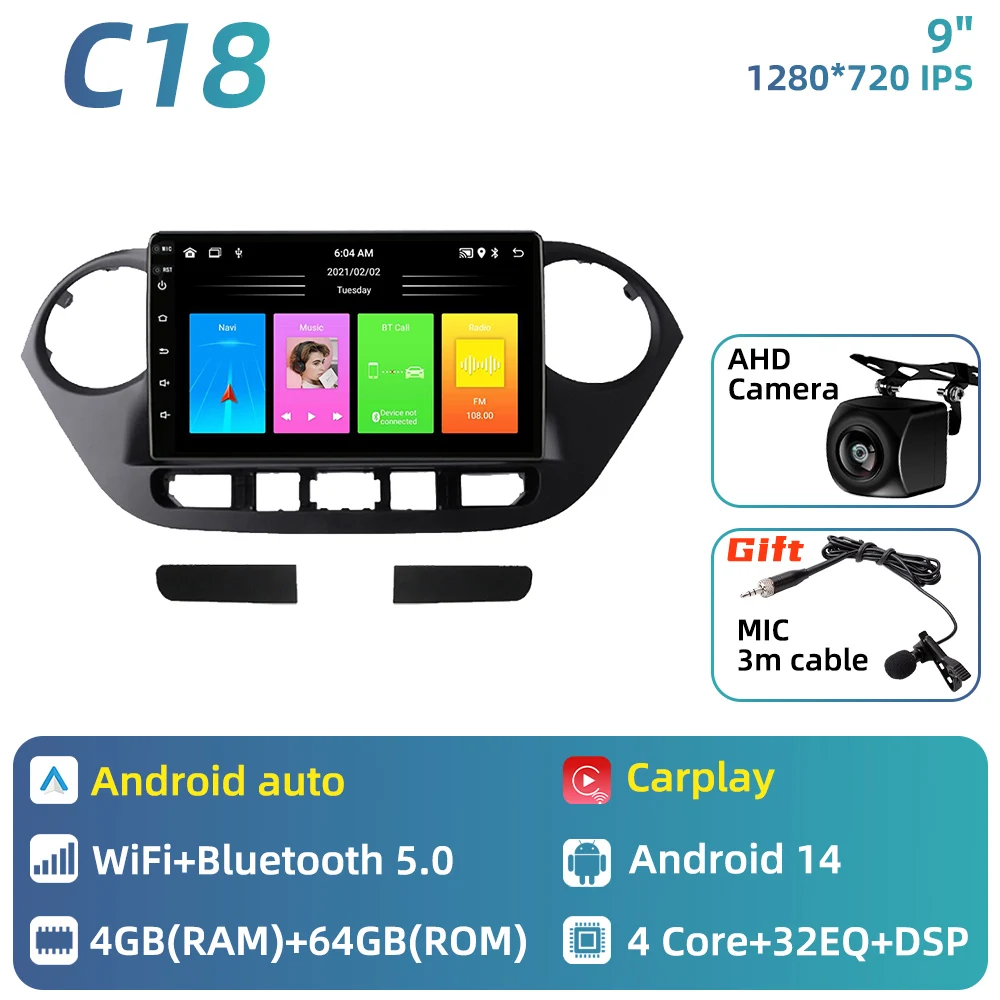 Carplay voor Hyundai Grand i10 2013 - 2018 Android Auto Multimedia Autoradio GPS Navigatie Autoradio 2 Din Head Unit Stereo DSP