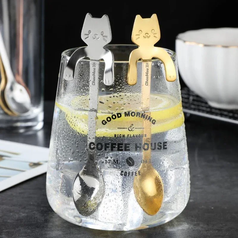 4pcs Stainless Steel Cute Cat Spoons Coffee Tea Ice Cream Teaspoons Spoon Dessert Snack Scoops Home Flatware Kitchen Accessories