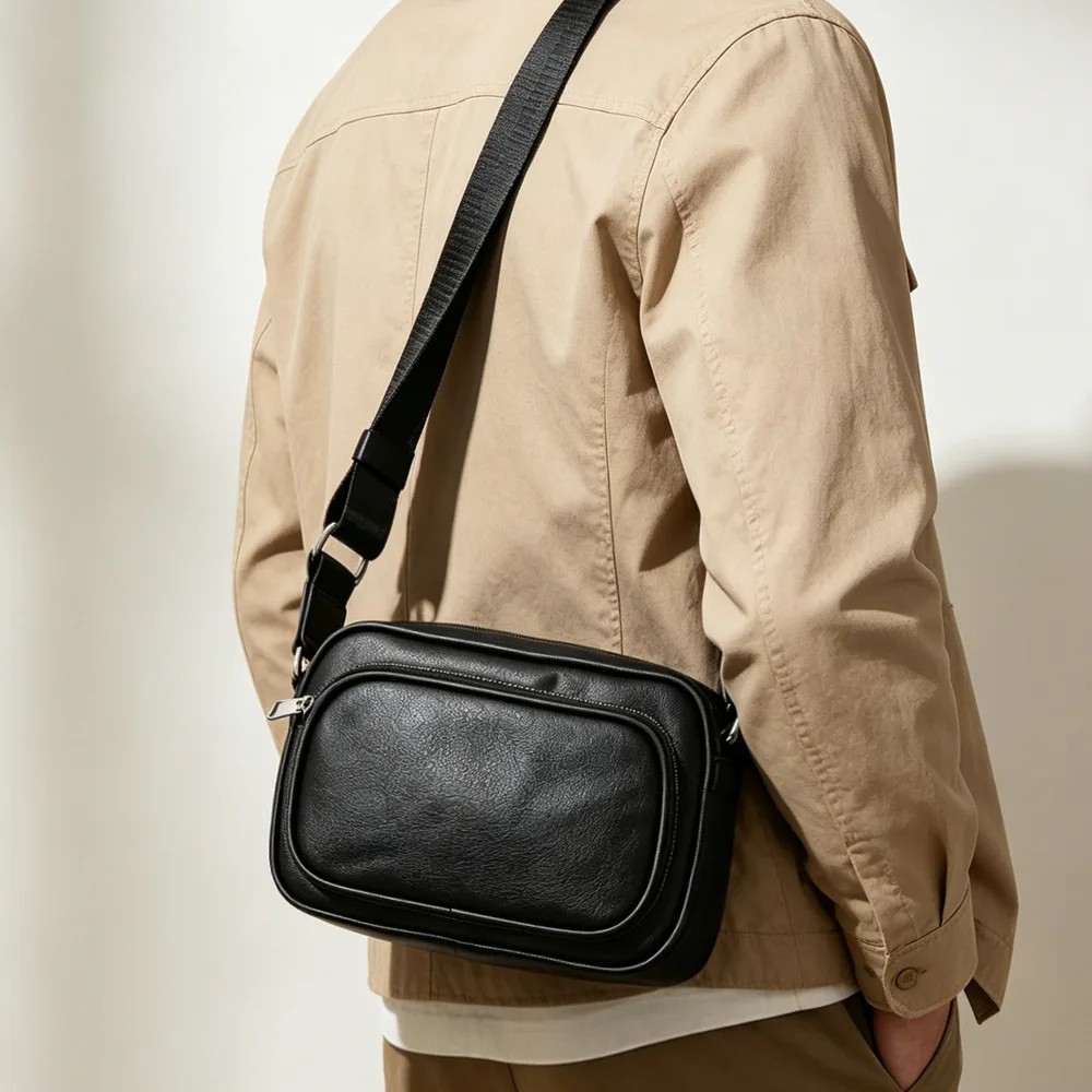 3pcs Crossbody Bags Men PU Plain Pillow Shaped Waterproof Protable Street Cross Shoulder Bag