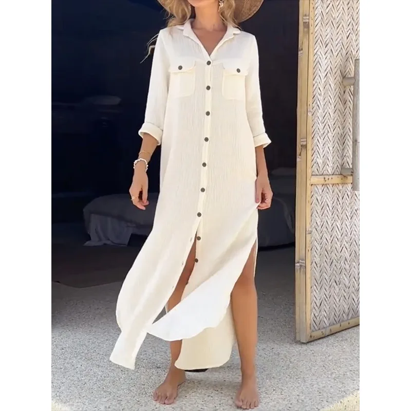 المشمش سبليت الجانب فساتين طويلة للنساء 2025 فضفاضة تناسب تقسم زر جيوب التلبيب كم طويل قمصان بسيطة فستان 180258 #1