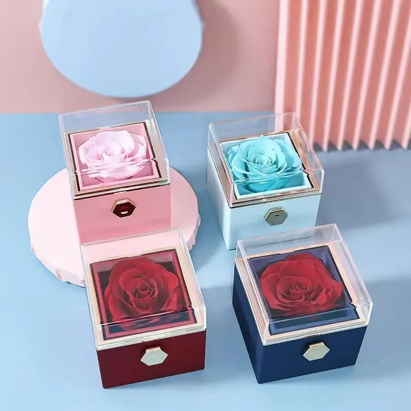 2024 Valentines Day Rotating Eternal Rose Gift Box Acrylic Ring Necklace Preserved Flower Jewelry Box For Girlfriend Gifts